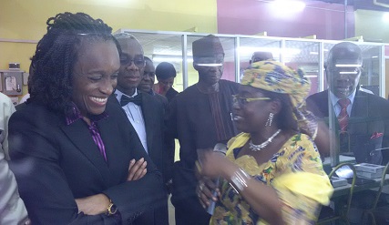 Dr. Omobola Johnson, minister of Communication Technology and other dignitaries on a tour of Omatek facilities and the newly commissioned solar solutions, while Mrs Florence Seriki, chief executive officer, Omatek explains the processes.